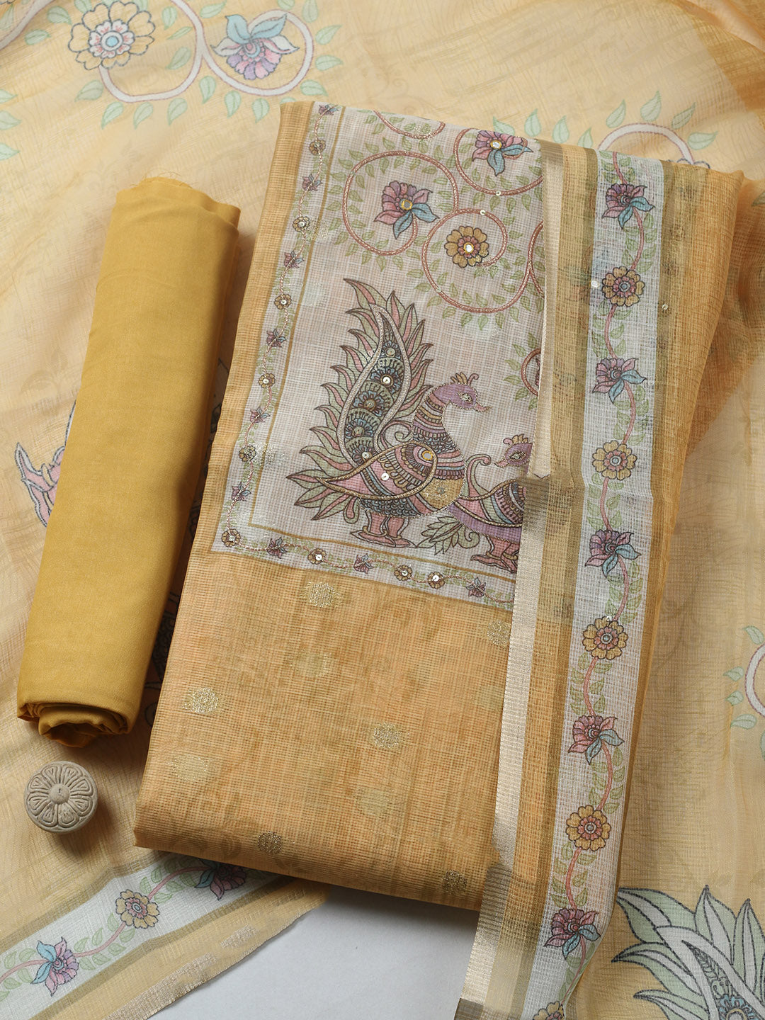 Embroidered Cotton Blend Unstitched Suit With Pant &amp; Dupatta