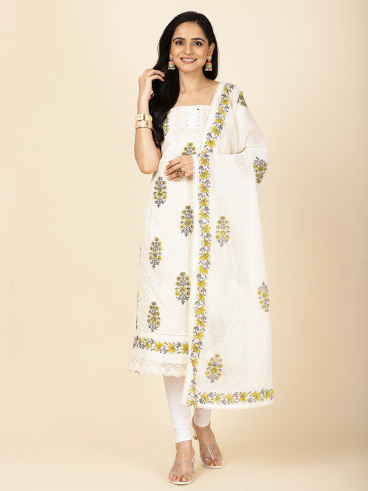 Neck Embroidered Cotton Unstitched Suit Piece With Dupatta