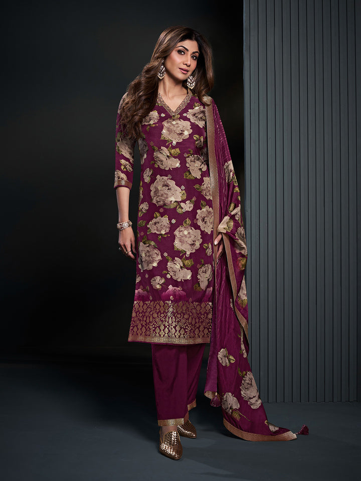 Wine Printed Art Silk Kurta With Pant &amp; Dupatta