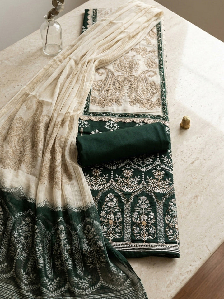 Printed Cotton Blend Unstitched Suit With Pant &amp; Dupatta