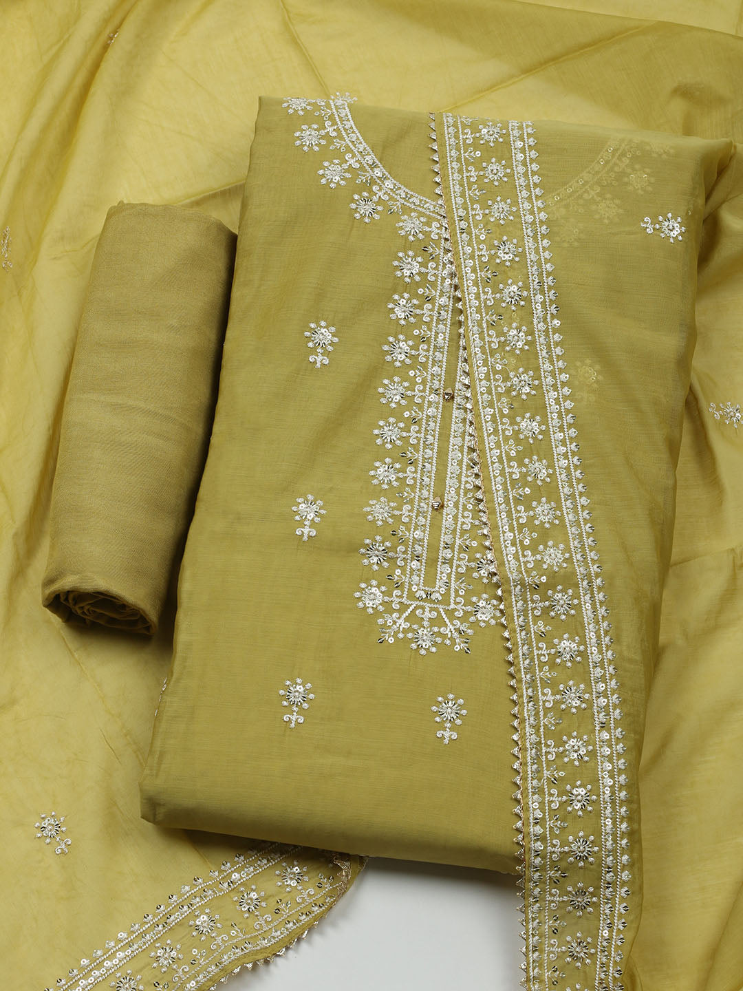 Embroidered Muslin Unstitched Kurta With Pant & Dupatta