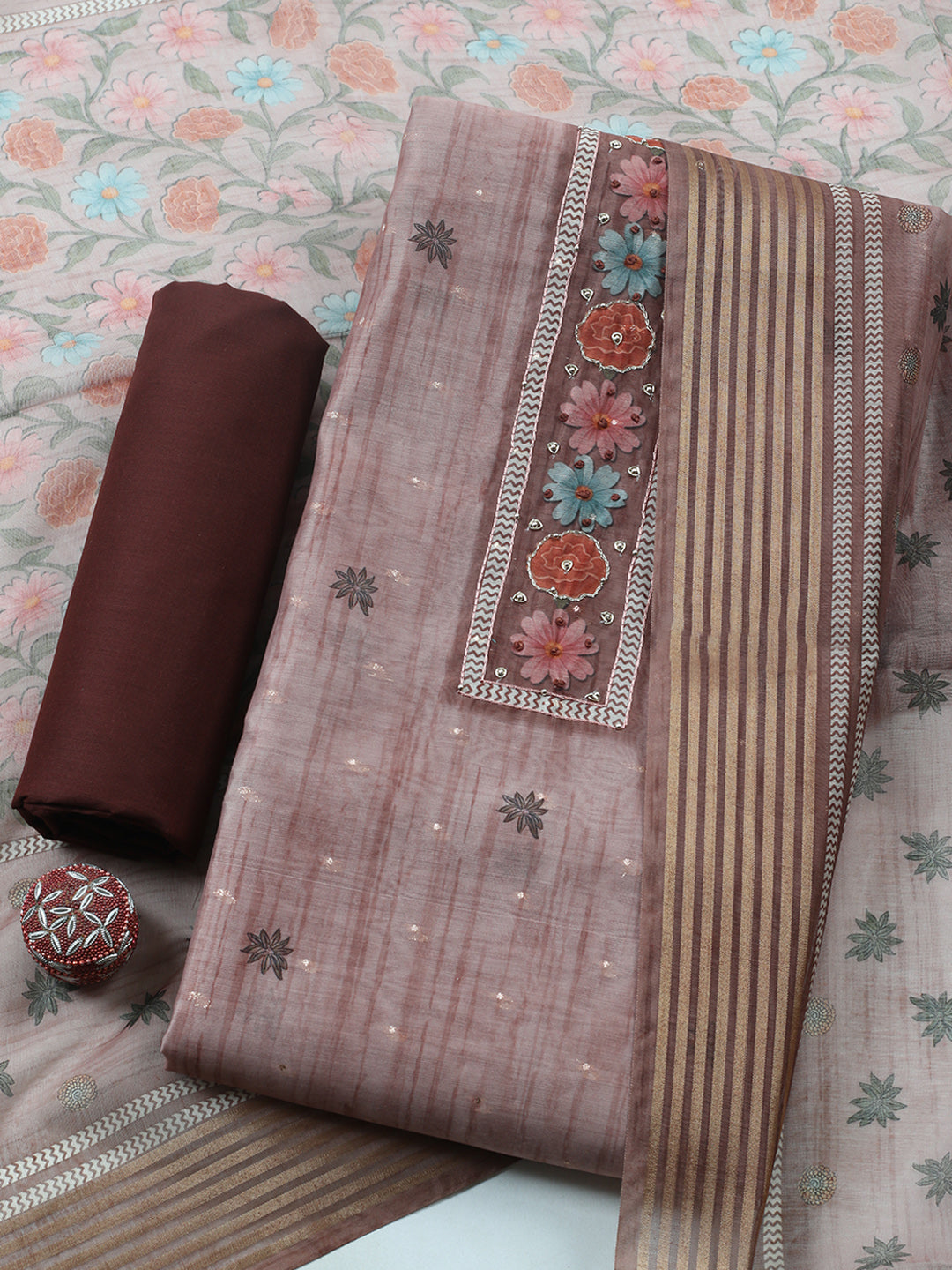 Embroidered Cotton Blend Unstitched Suit With Pant &amp; Dupatta
