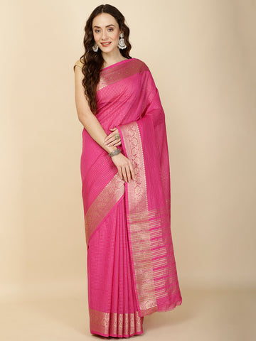 Check Pattern Plain Woven Georgette Saree