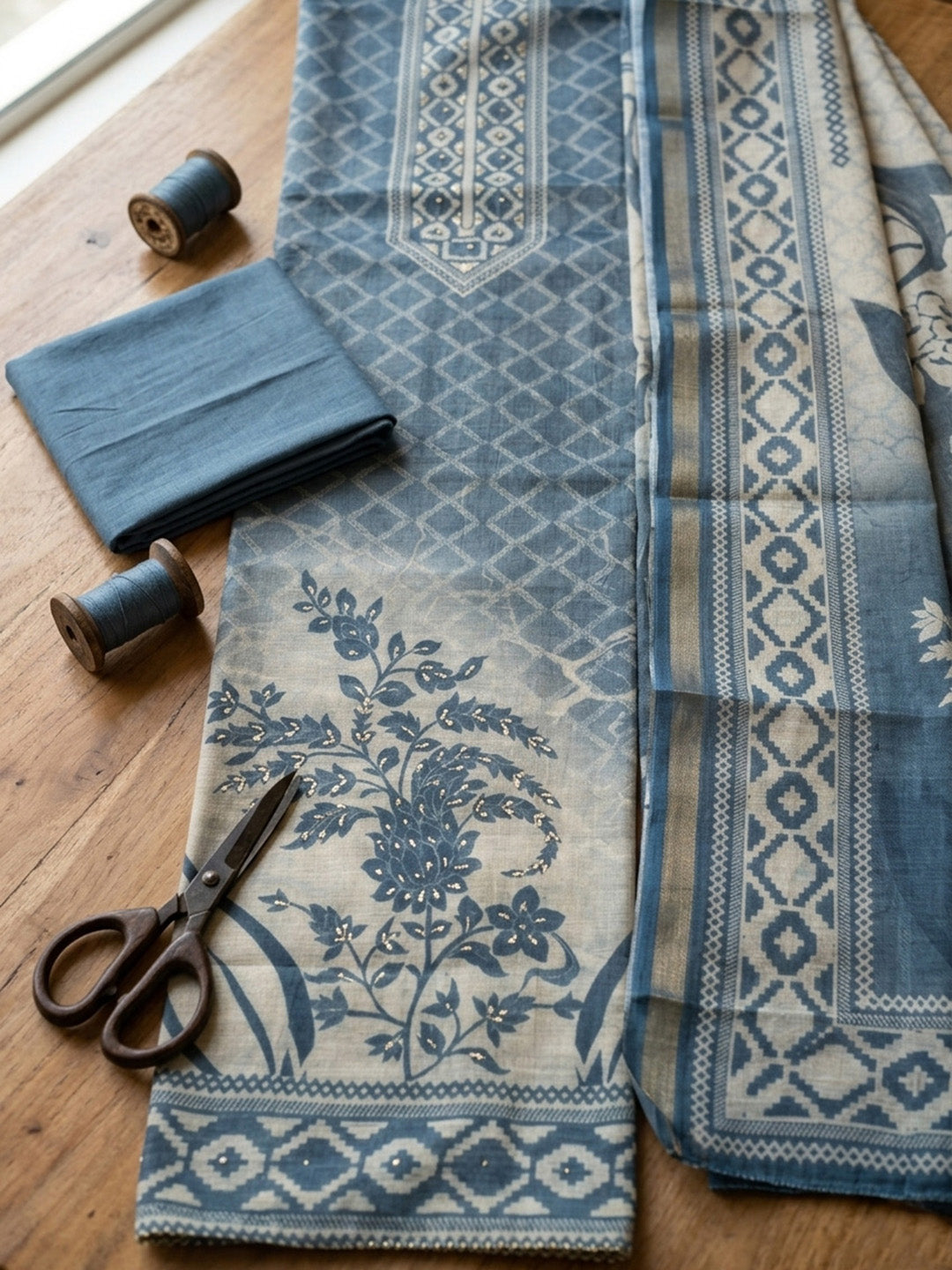 Embroidered Chanderi Unstitched Suit With Pant &amp; Dupatta