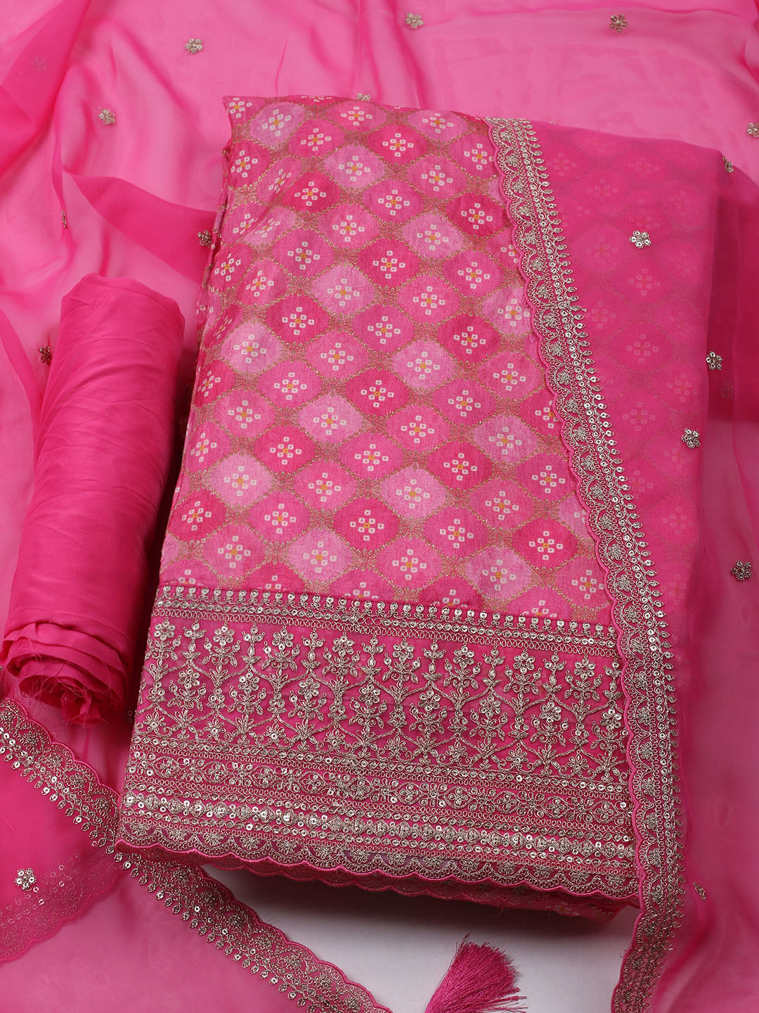 Embroidered Art Silk Unstitched Suit With Dupatta