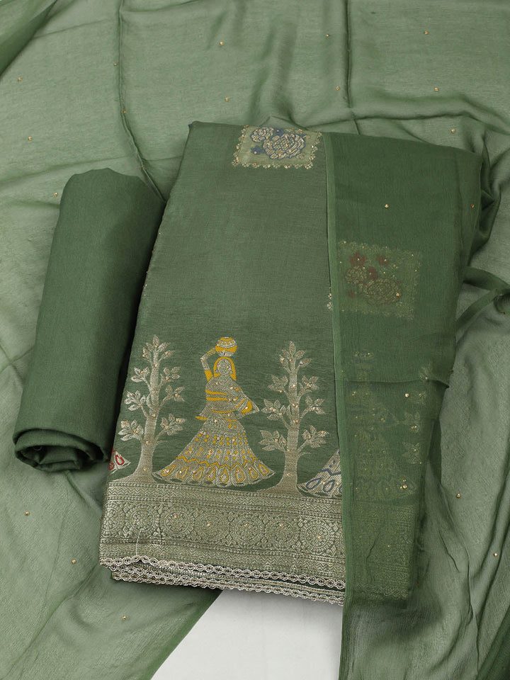 Woven Design Chanderi Unstitched Suit With Pant &amp; Dupatta