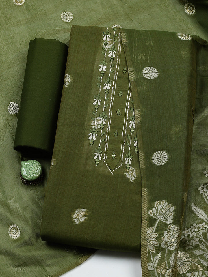 Embroidered Cotton Blend Unstitched Suit With Pant &amp; Dupatta