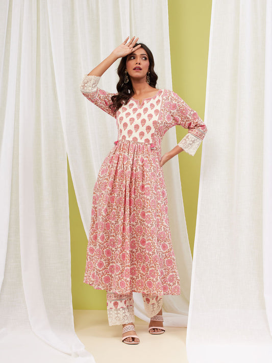 Floral Printed Cotton Anarkali Kurta With Pants