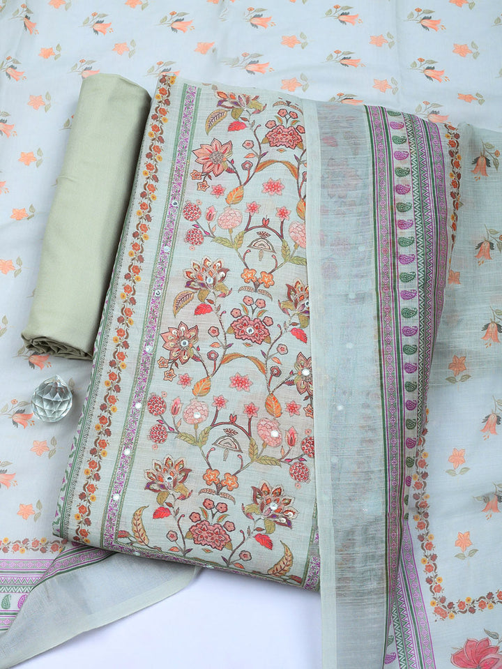 Printed Linen Blend Unstitched Suit With Pant &amp; Dupatta
