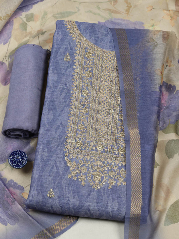 Embroidered Chanderi Unstitched Suit With Pant &amp; Dupatta