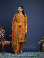 Printed Cotton Kurta With Pant & Dupatta