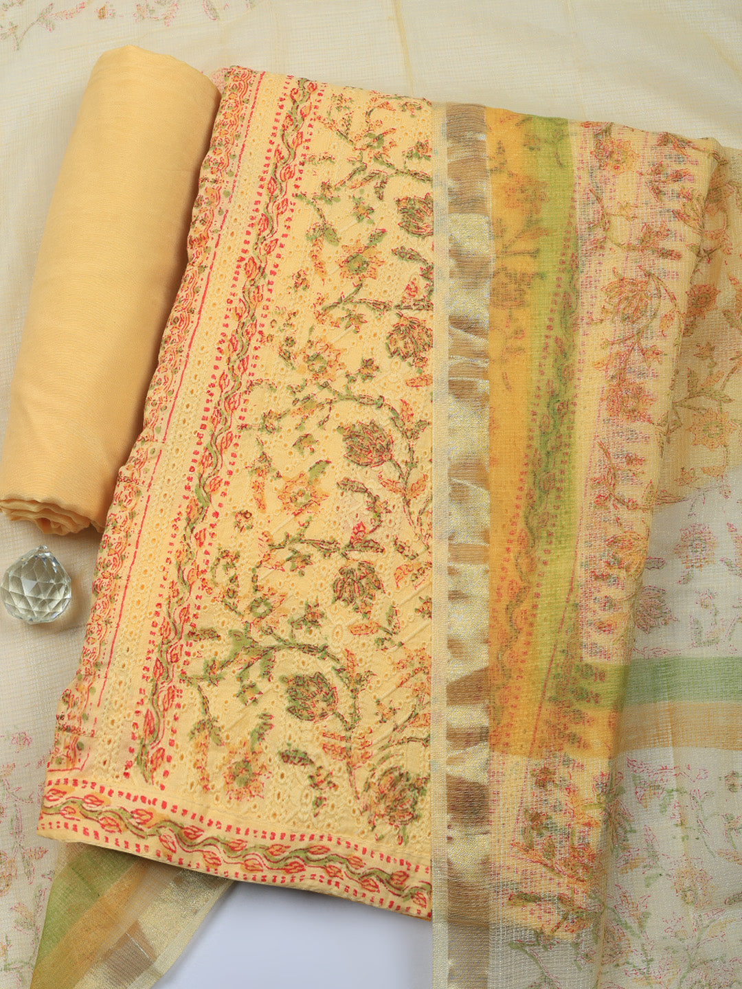 Printed Cotton Unstitched Suit With Pant &amp; Dupatta