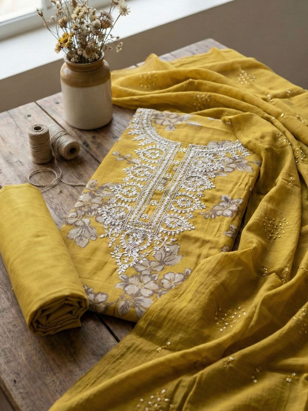 Embroidered Cotton Blend Unstitched Suit With Pant &amp; Dupatta