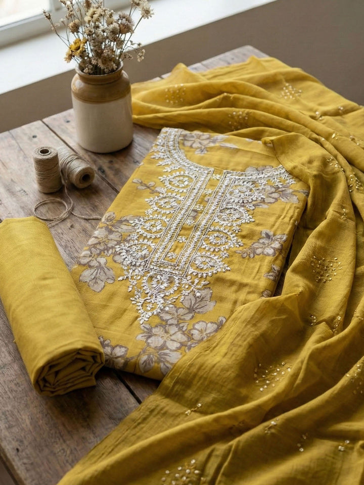 Embroidered Cotton Blend Unstitched Suit With Pant &amp; Dupatta