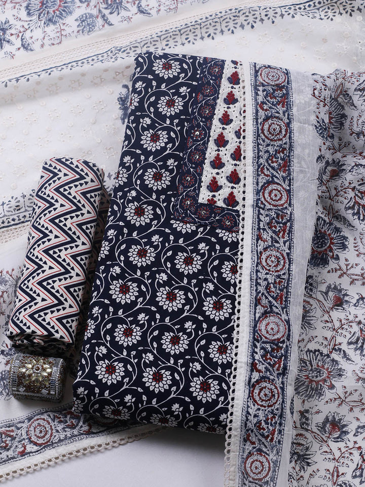 Embroidered Cotton Blend Unstitched Suit With Pant &amp; Dupatta