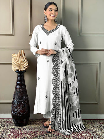 Neck Embroidered Cotton Blend Kurta With Pants & Dupatta