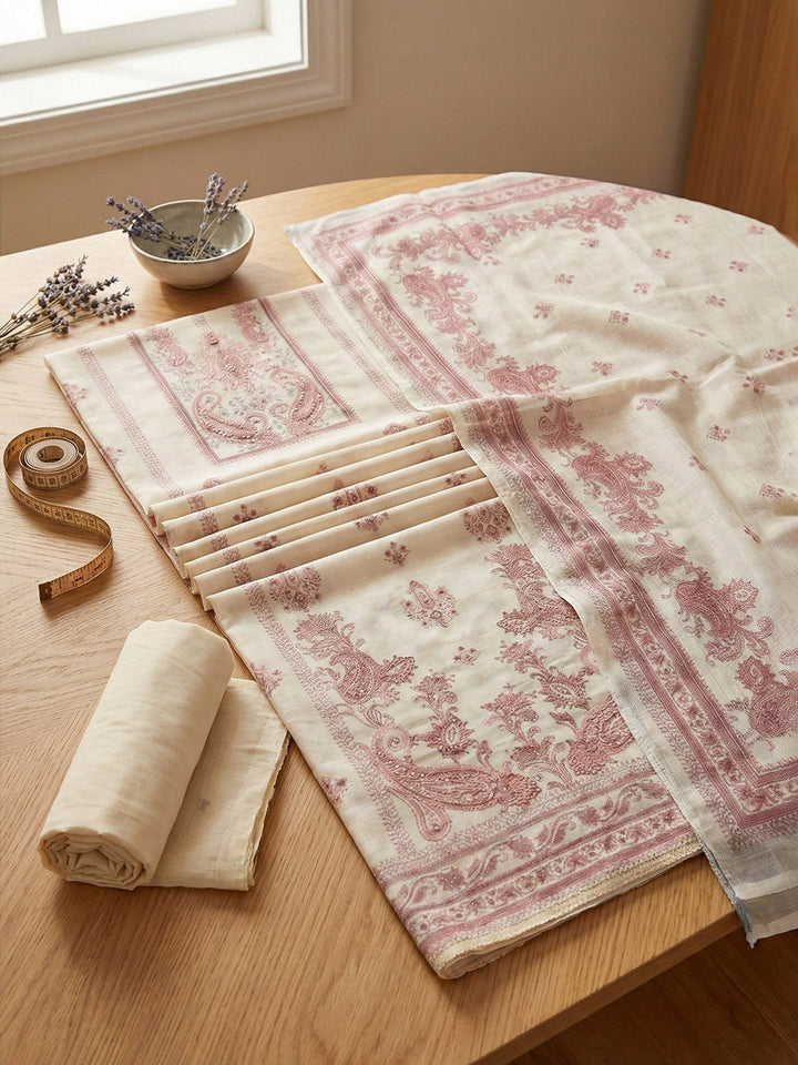Embroidered Linen Blend Unstitched Suit With Pant &amp; Dupatta