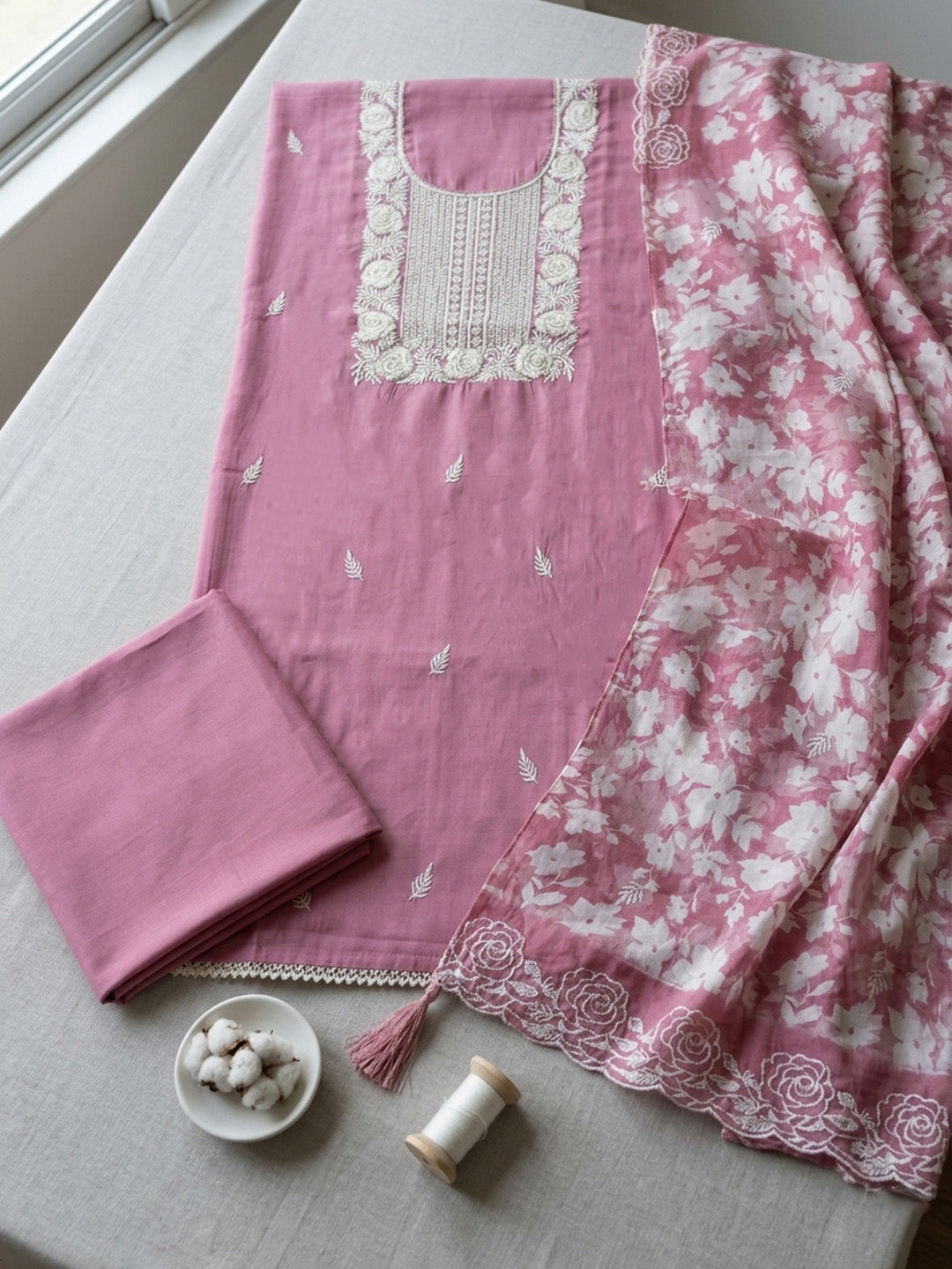 Embroidered Chanderi Unstitched Suit With Pant &amp; Dupatta