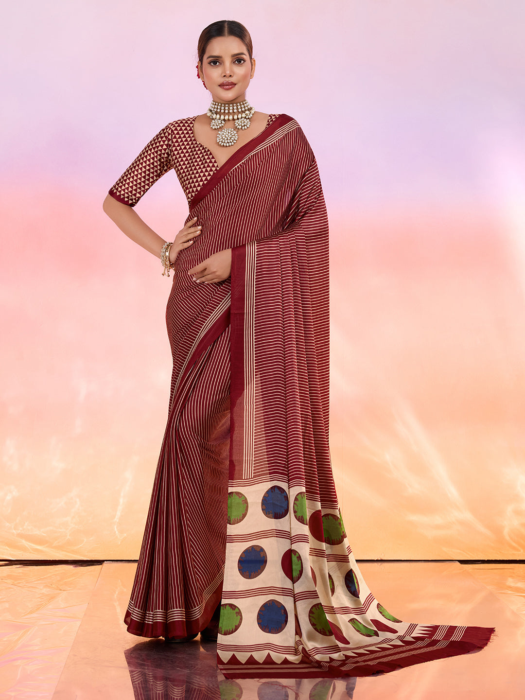 Maroon Printed Satin Saree