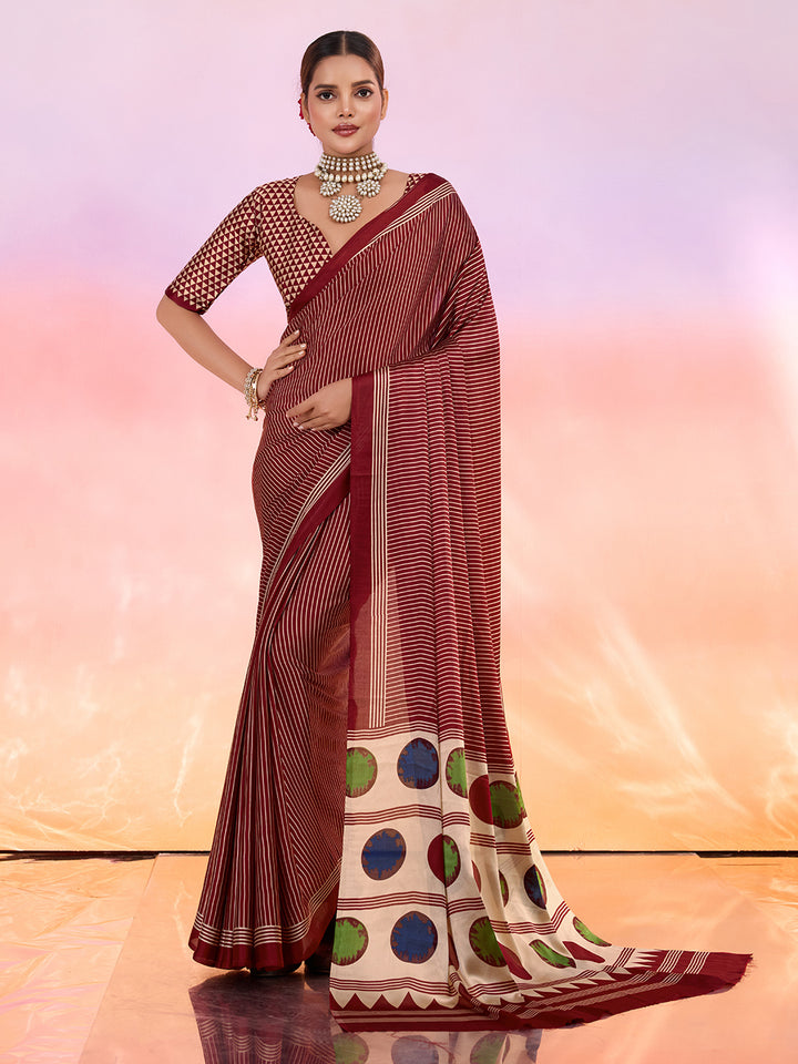Maroon Printed Satin Saree