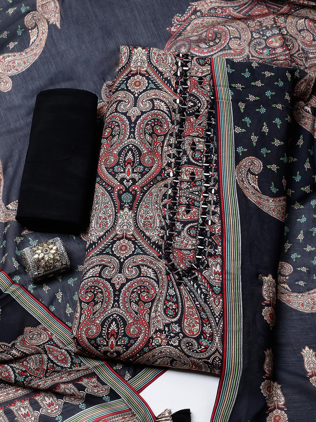 Embellished Muslin Unstitched Suit With Pant &amp; Dupatta