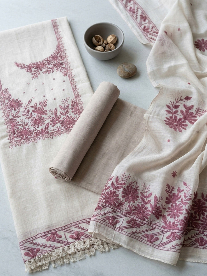 Printed Linen Blend Unstitched Suit With Pant &amp; Dupatta