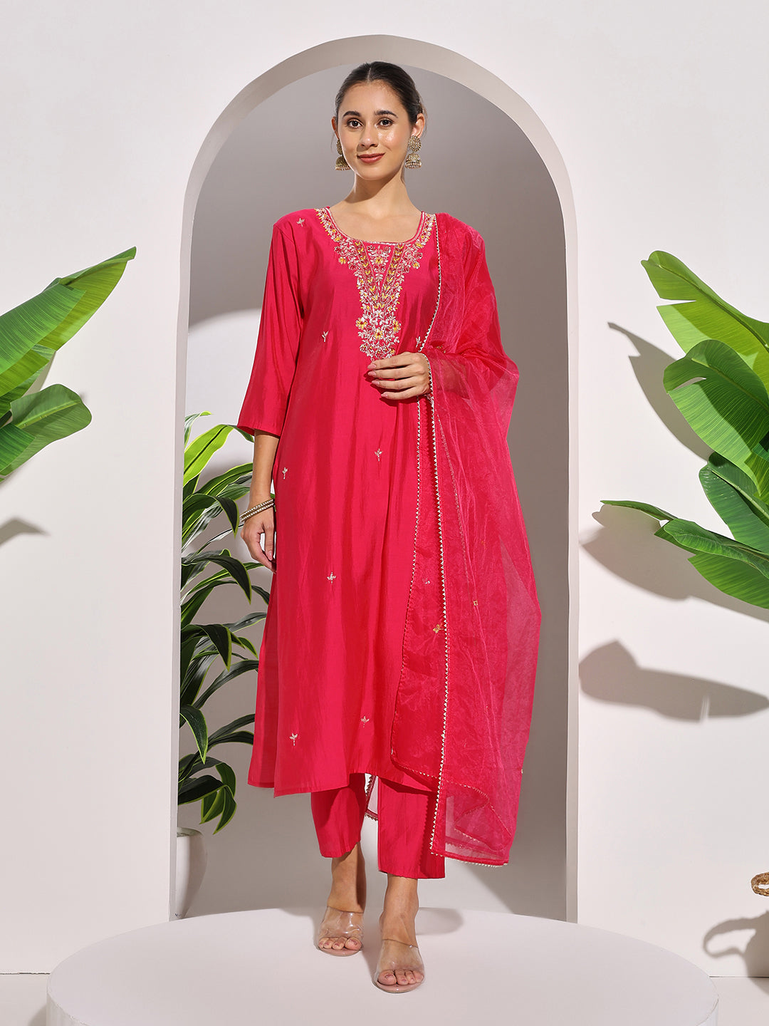 Embroidered Muslin Kurta With Pants & Dupatta