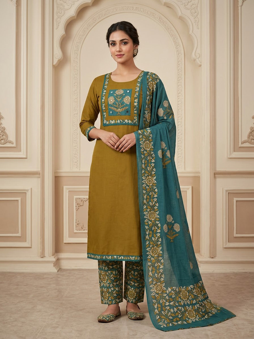 Mehndi Cotton Blend Embroidered Unstitched Dress Material