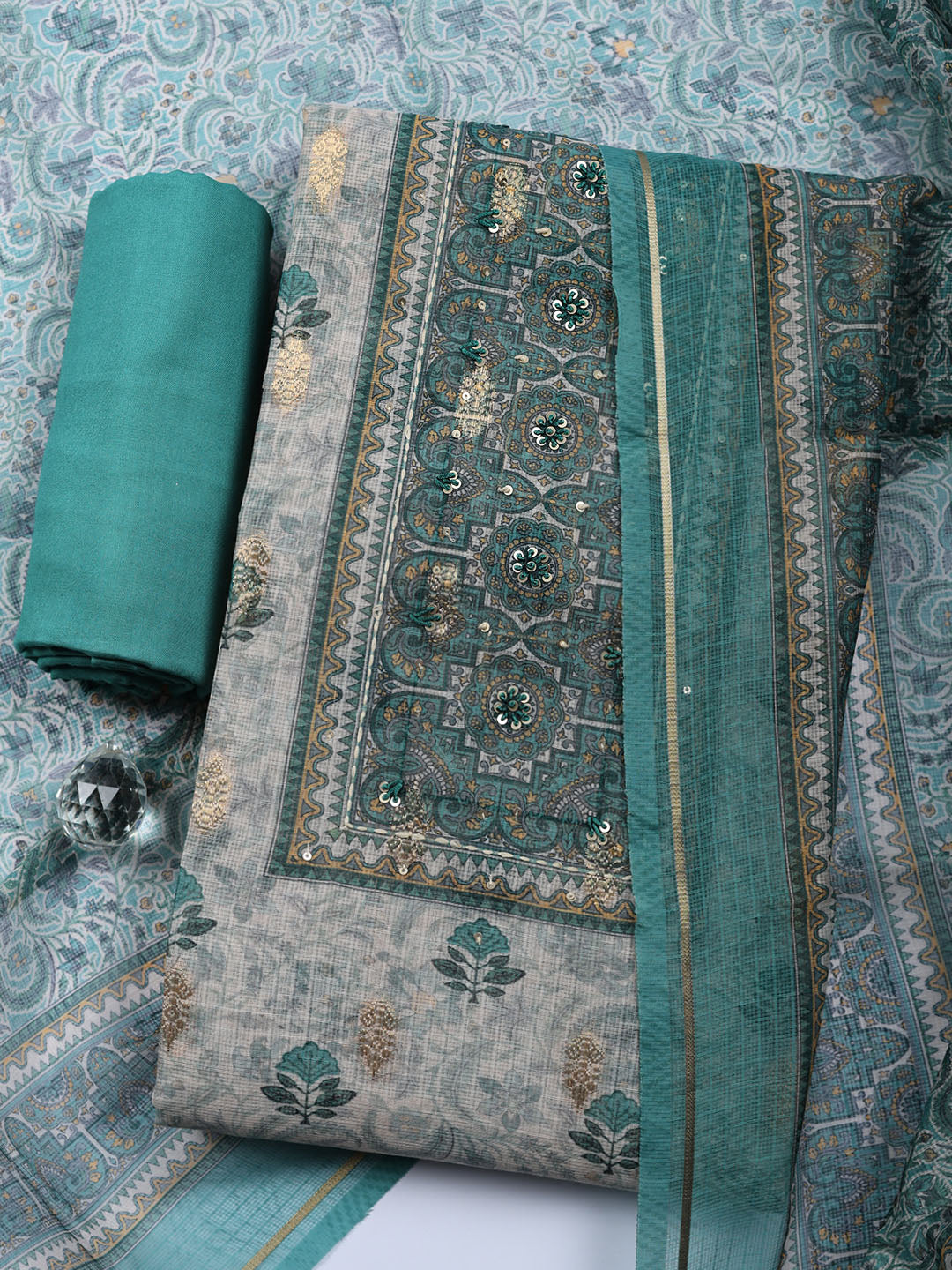 Embroidered Cotton Blend Unstitched Suit With Pant Dupatta