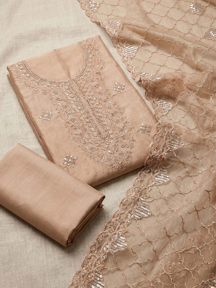 Neck Embroidered Chanderi Unstitched Suit With Dupatta