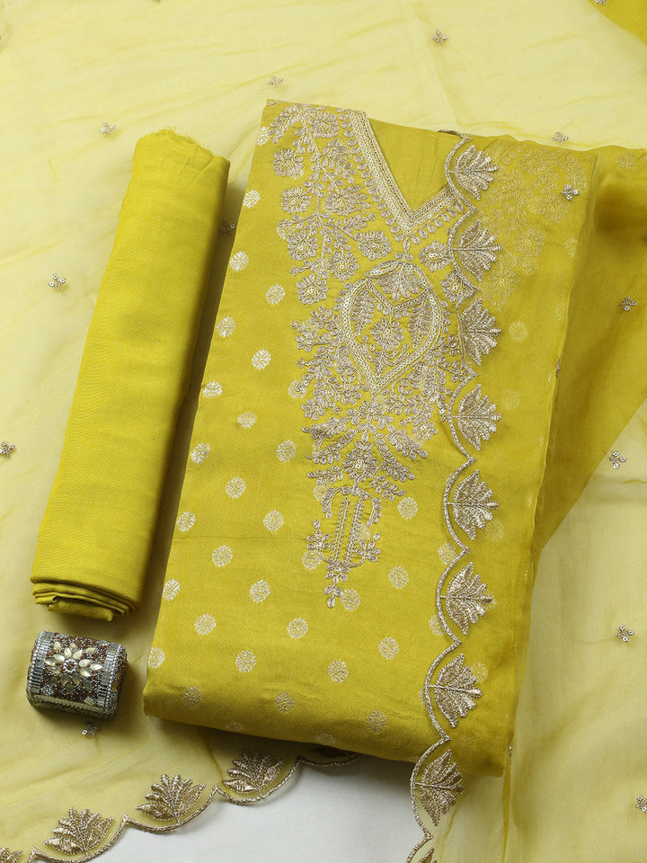 Embroidered Chanderi Unstitched Suit With Pant &amp; Dupatta