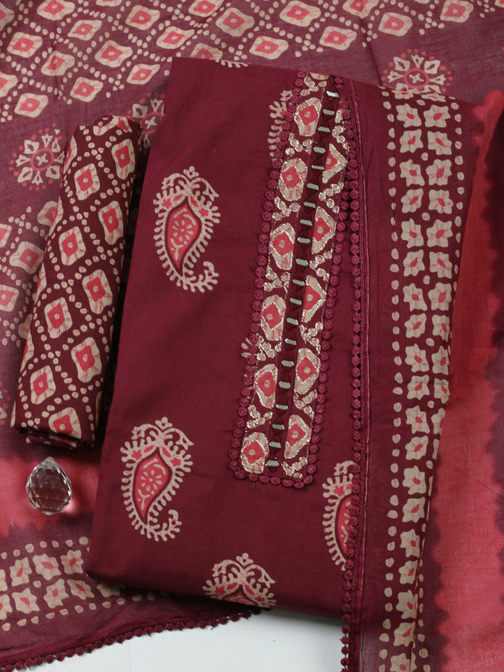 Embroidered Cotton Blend Unstitched Suit With Pant Dupatta