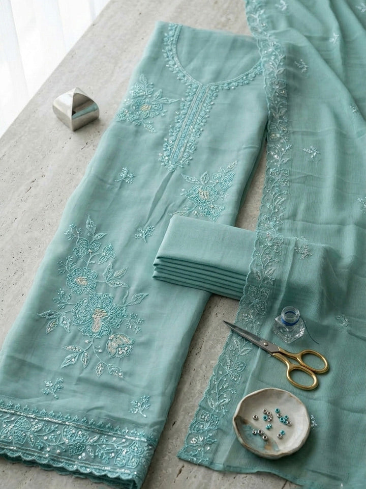 Embroidered Organza Unstitched Suit With Pant &amp; Dupatta