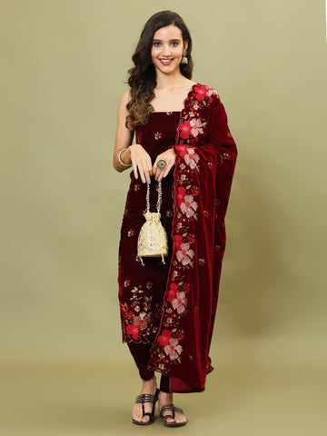 Embroidered Velvet Unstitched Suit Piece With Dupatta