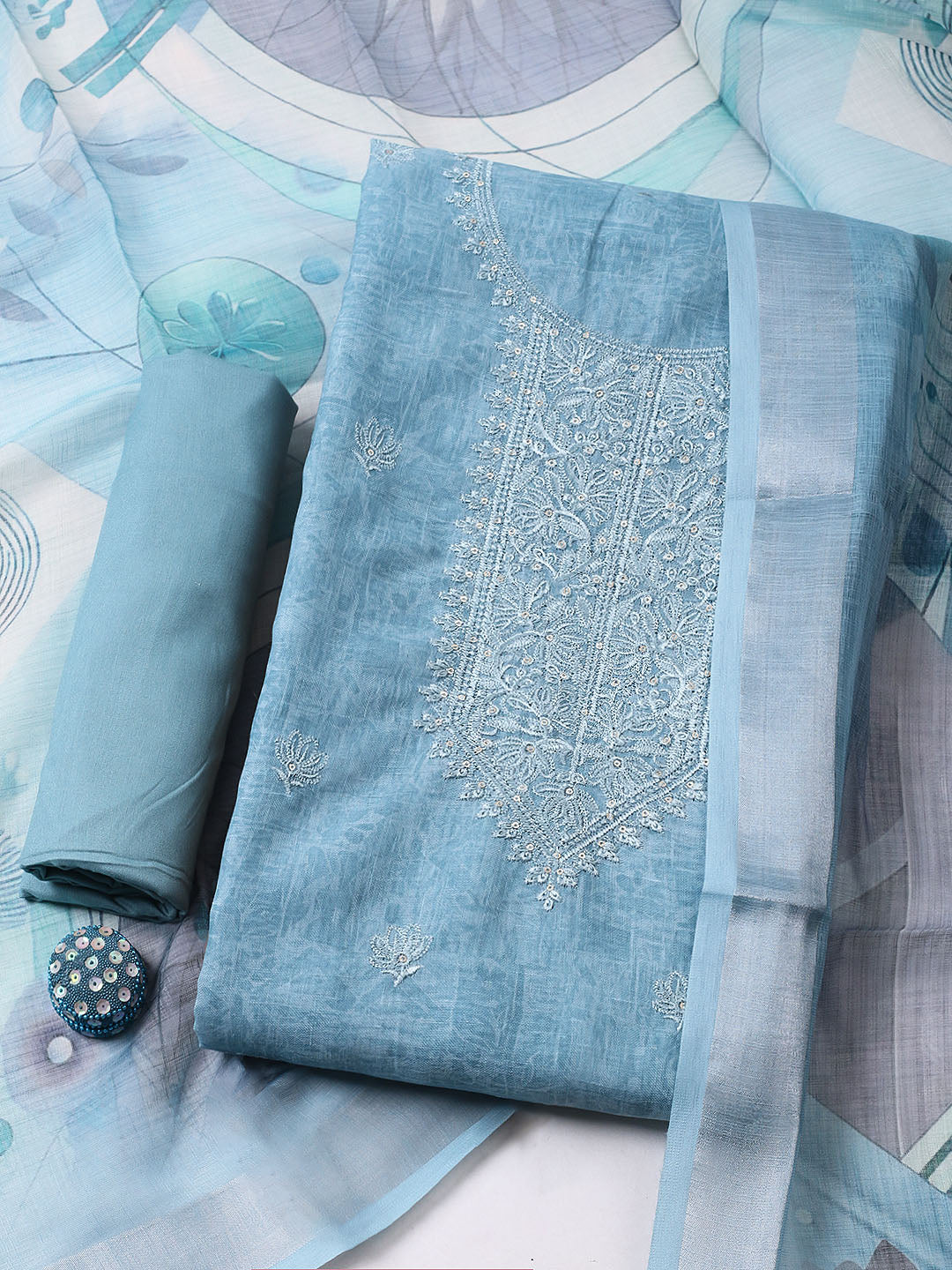 Embroidered Linen Blend UnstitchedSuit With Pant &amp; Dupatta