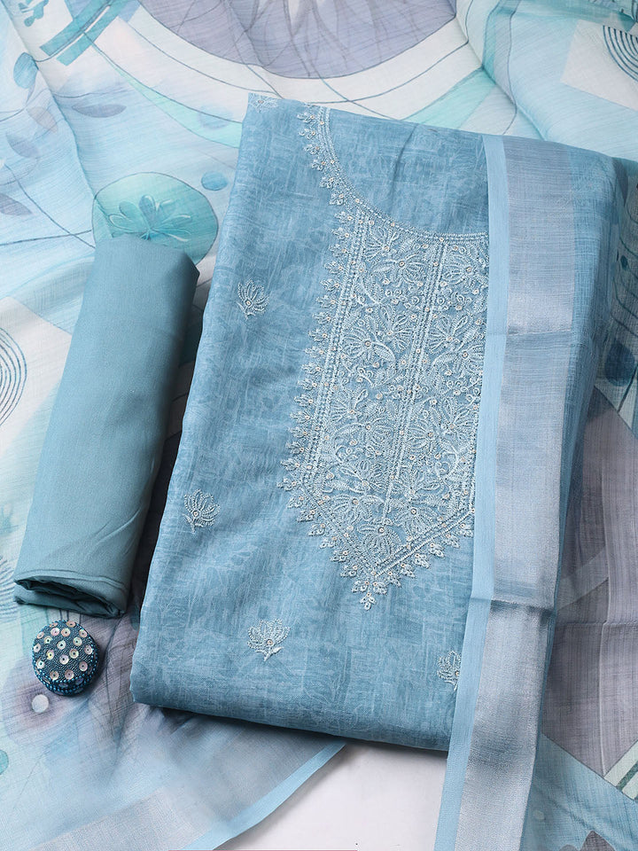 Embroidered Linen Blend UnstitchedSuit With Pant &amp; Dupatta