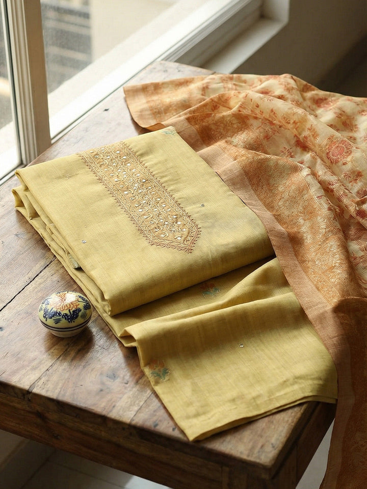 Embroidered Chanderi Unstitched Suit With Pant &amp; Dupatta