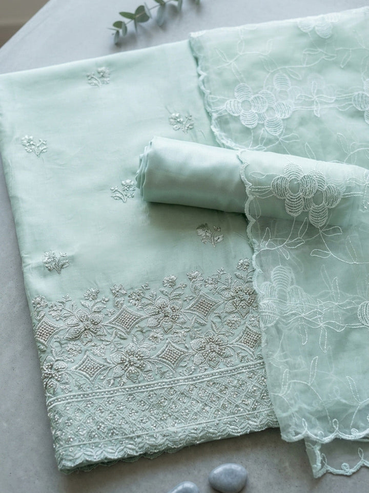Embroidered Cotton Blend Unstitched Suit With Pant &amp; Dupatta
