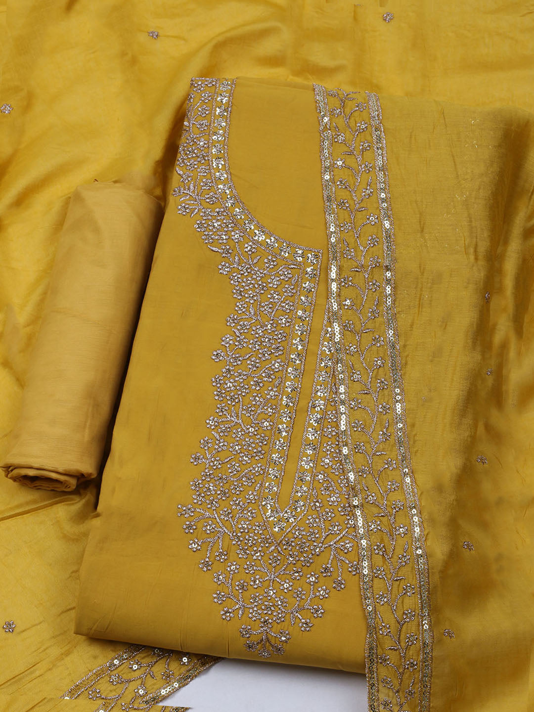 Neck Embroidered Chanderi Unstitched Suit With Dupatta