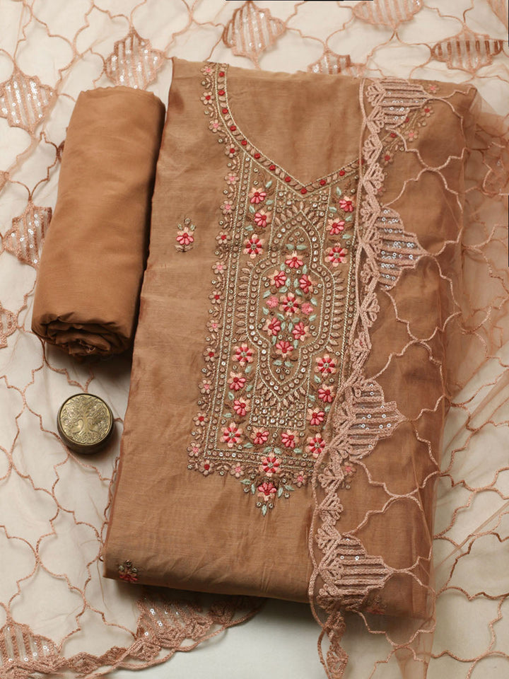 Embroidered Chanderi Unstitched Suit With Pant &amp; Dupatta