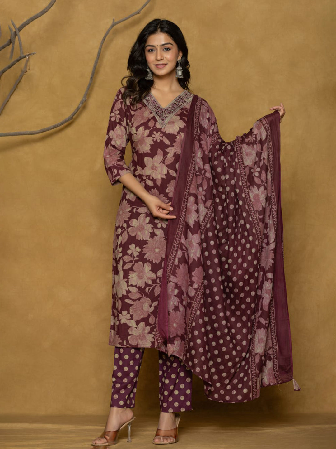 Printed Cotton Blend Kurta With Pants & Dupatta