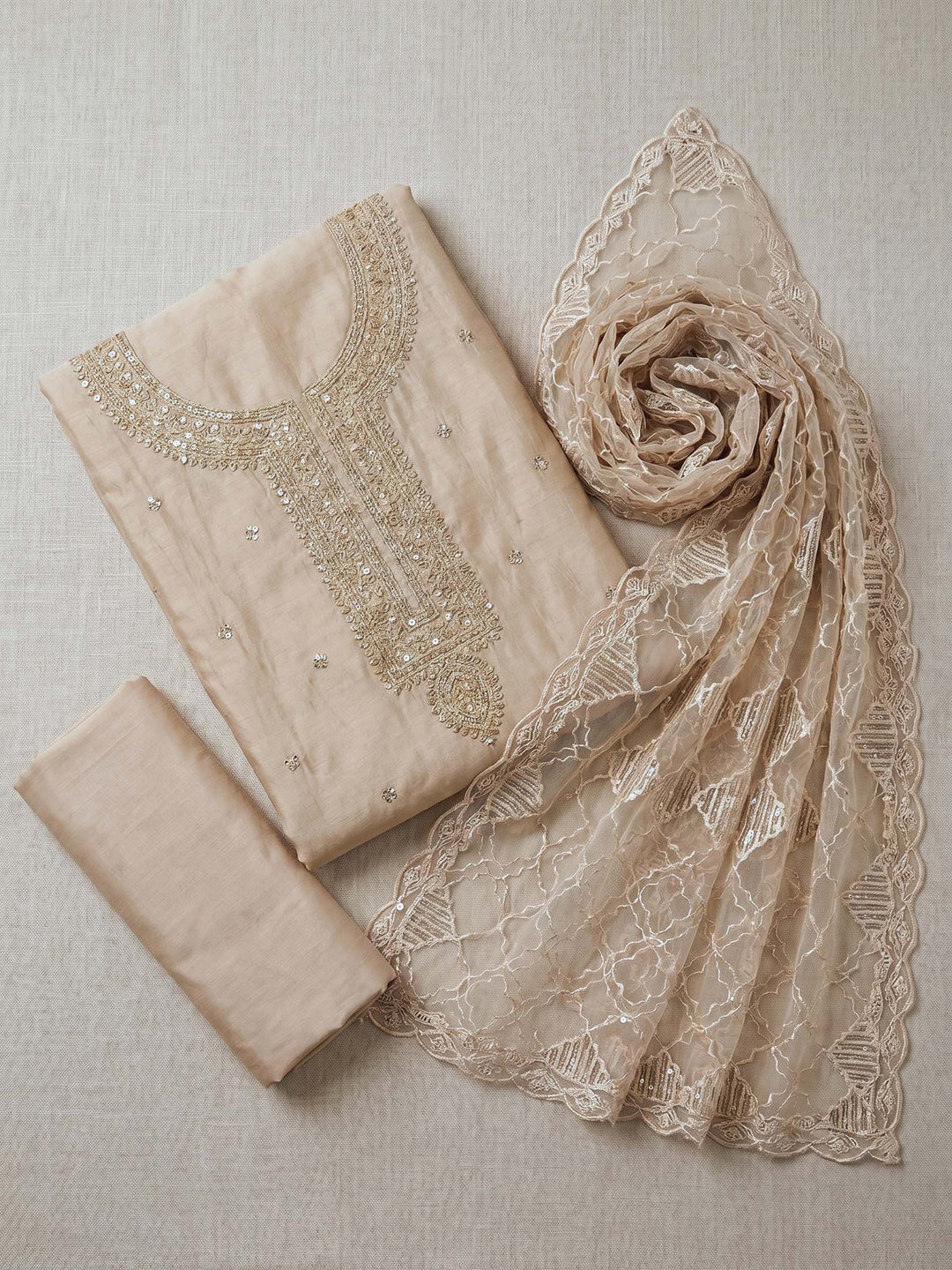 Neck Embroidered Chanderi Unstitched Suit With Dupatta