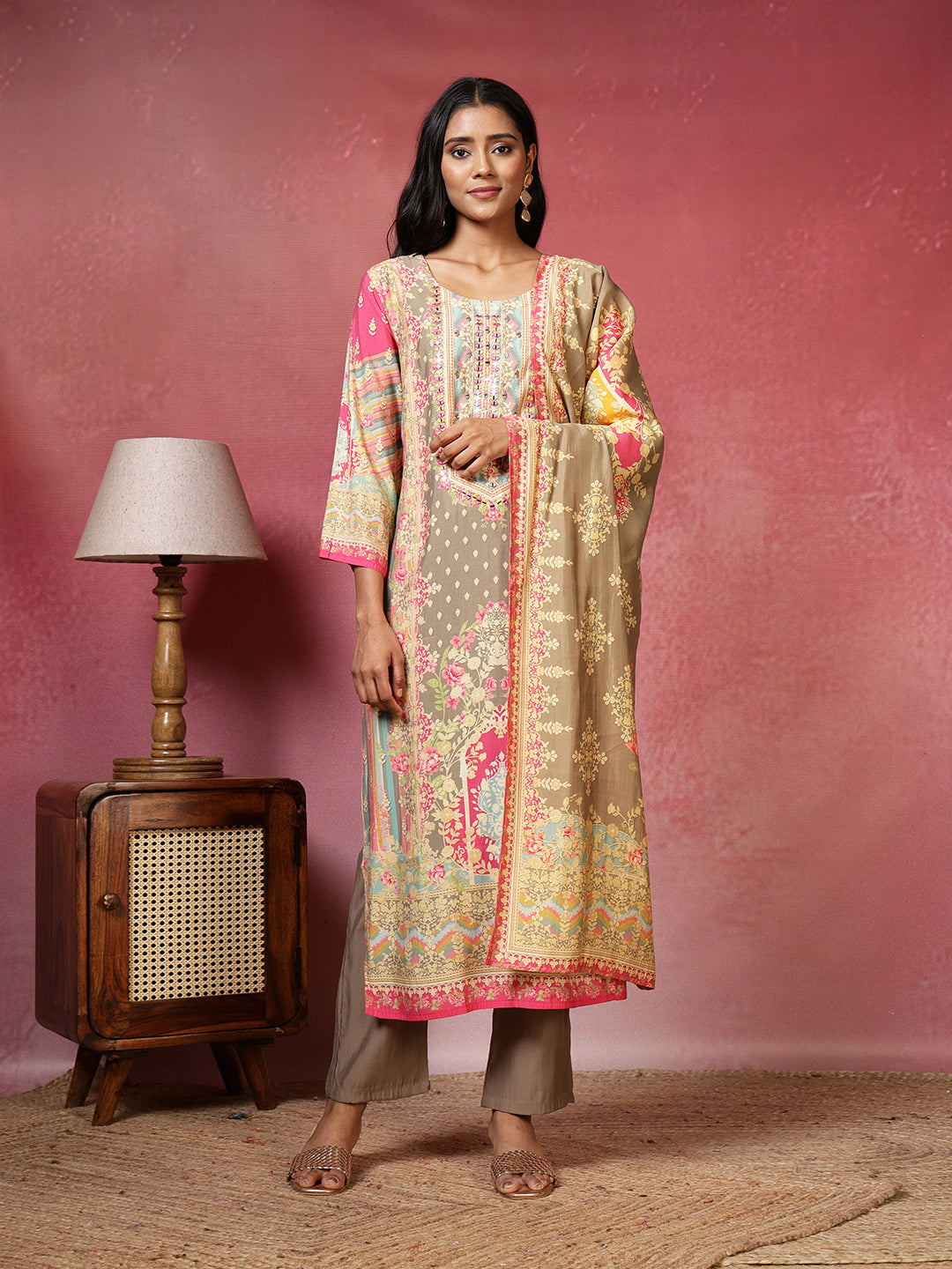 Printed Muslin Kurta With Pants & Dupatta
