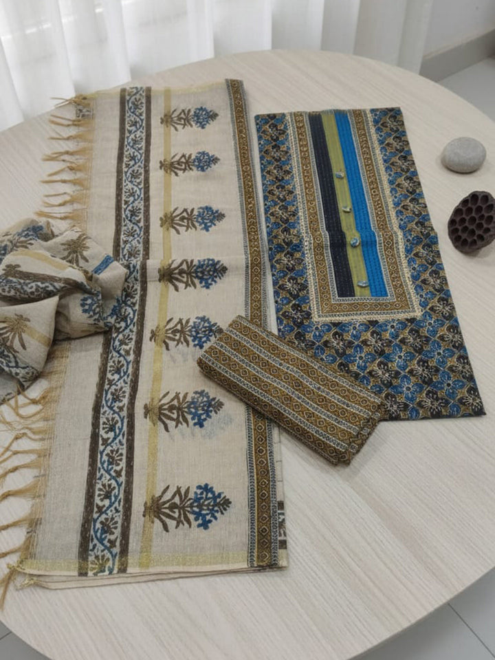 Embroidered Cotton Blend Unstitched Suit With Pant &amp; Dupatta