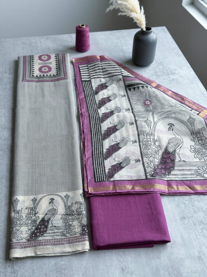 Embroidered Linen Blend Unstitched Suit With Pant &amp; Dupatta
