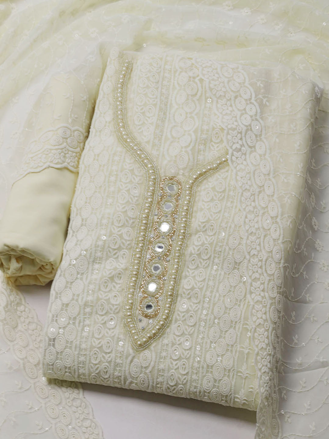 Chikan Work Georgette Unstitched Suit With Dupatta