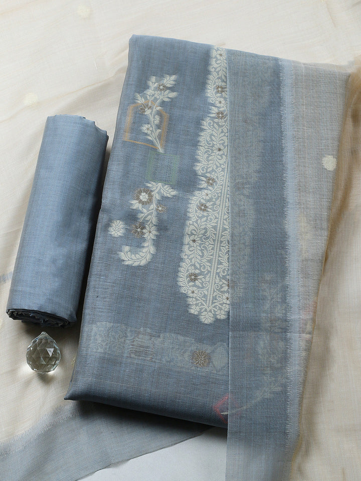 Printed Chanderi Unstitched Suit With Pant &amp; Dupatta