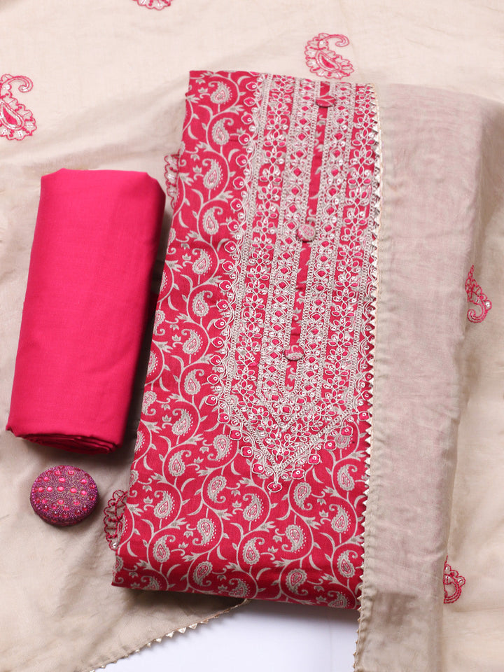 Embroidered Cotton Unstitched Suit With Pant &amp; Dupatta
