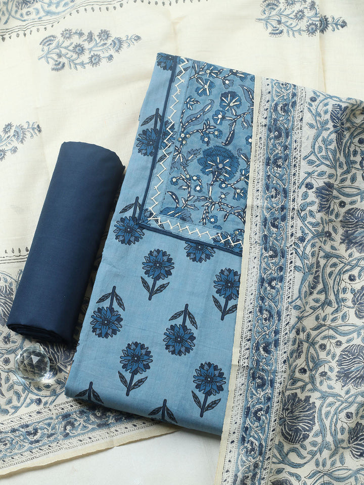 Printed Cotton Blend Unstitched Suit With Pant &amp; Dupatta