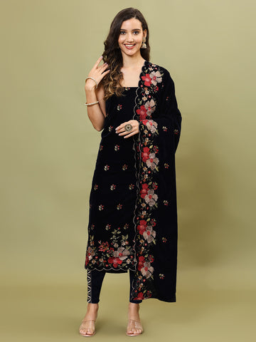 Embroidered Velvet Unstitched Suit Piece With Dupatta